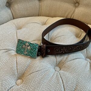 Leather Belt. Turquoise Cross buckle. Tooled Leather. Exquisite M